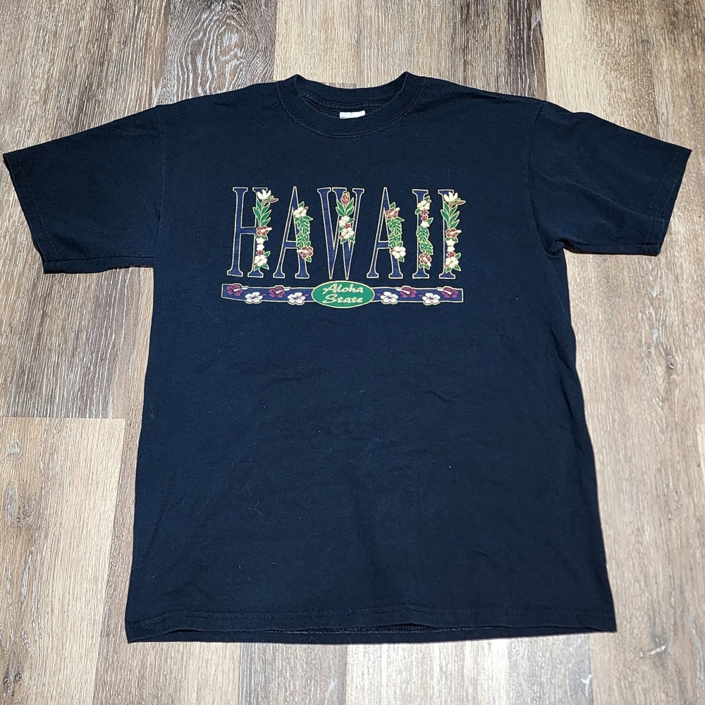 Hawaii Aloha State Floral Spellout T Shirt Adult M Blue Graphic Logo Mens